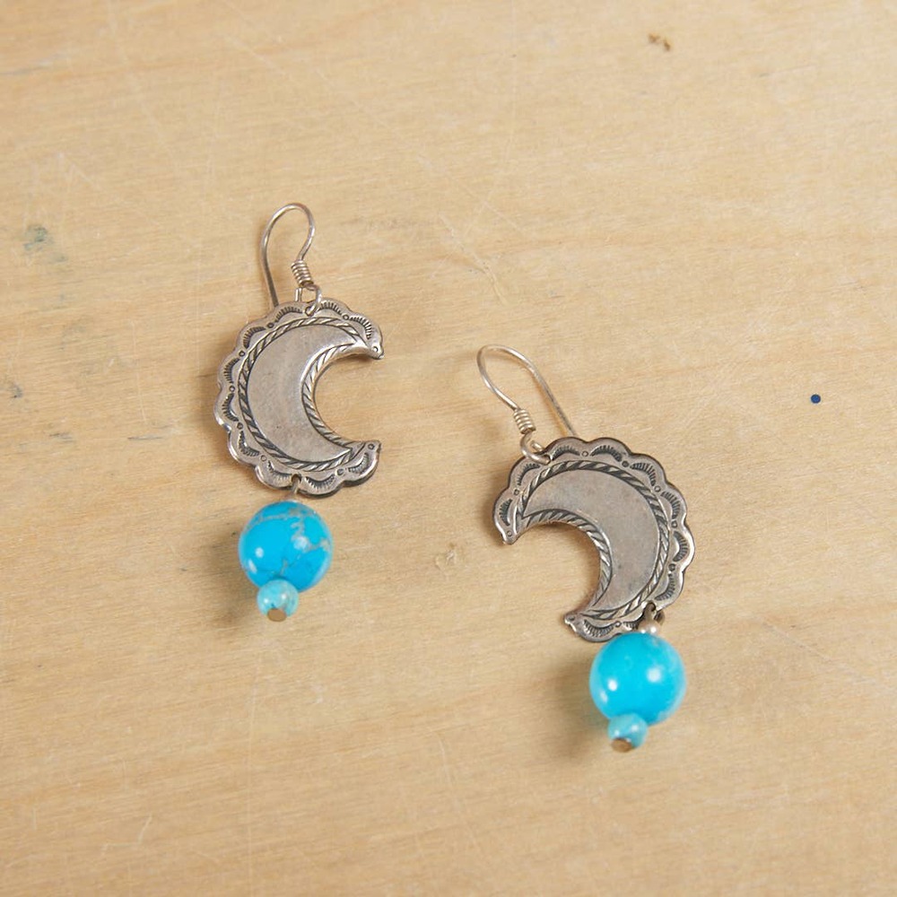 70s Moon Earrings Silver and Turquoise